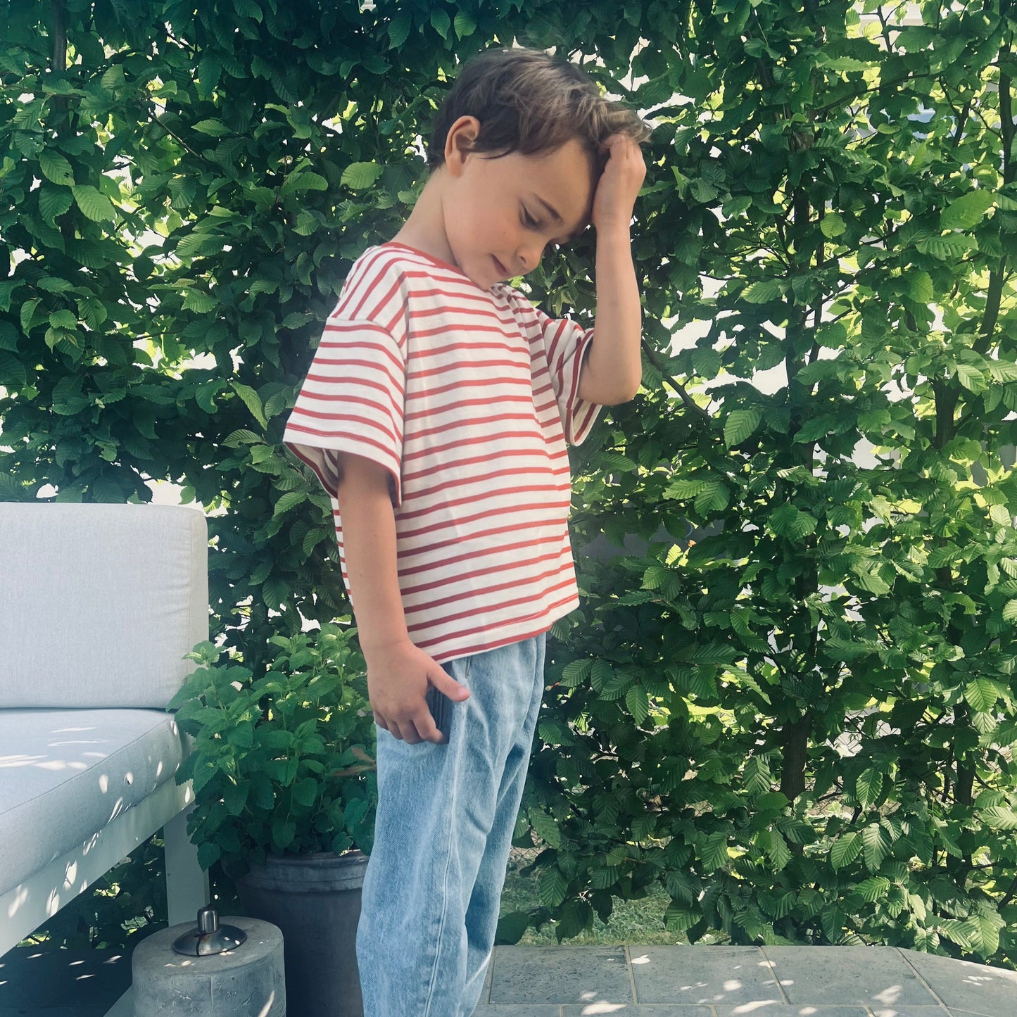 Elliott, the striped t-shirt (available in red and green)
