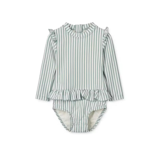 Striped Ruffle Long Sleeve Swimsuit