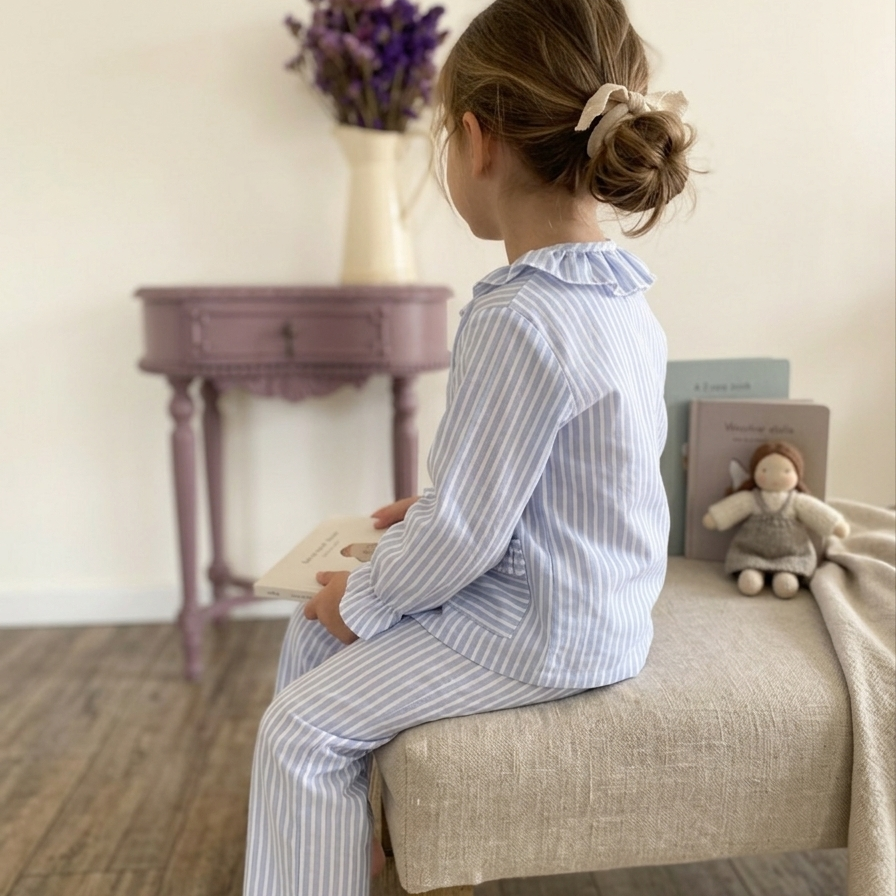 Blue Stripe Ruffle Pyjama Set- Girl